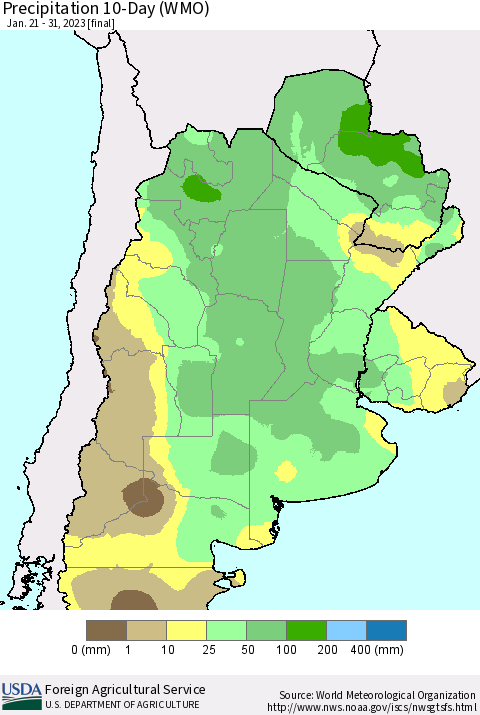 Southern South America Precipitation 10-Day (WMO) Thematic Map For 1/21/2023 - 1/31/2023