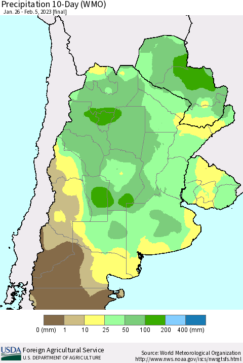 Southern South America Precipitation 10-Day (WMO) Thematic Map For 1/26/2023 - 2/5/2023