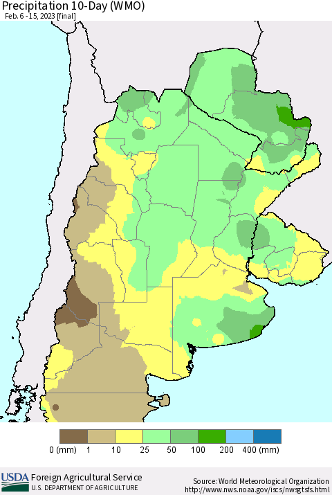 Southern South America Precipitation 10-Day (WMO) Thematic Map For 2/6/2023 - 2/15/2023