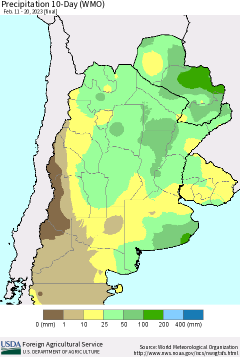 Southern South America Precipitation 10-Day (WMO) Thematic Map For 2/11/2023 - 2/20/2023