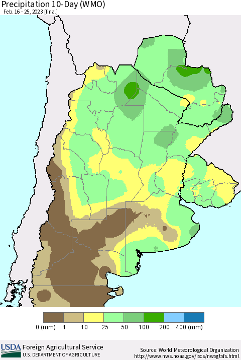 Southern South America Precipitation 10-Day (WMO) Thematic Map For 2/16/2023 - 2/25/2023