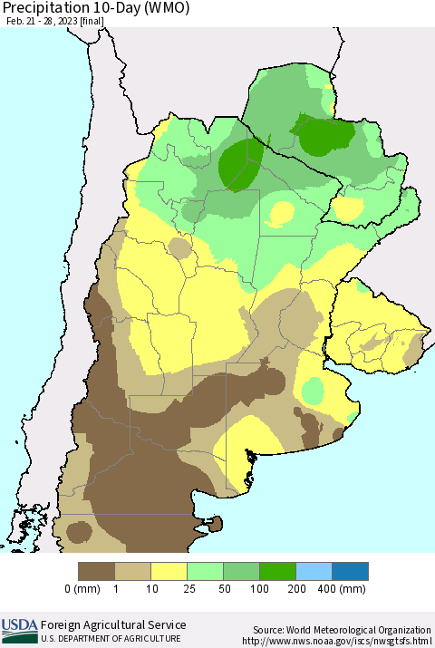 Southern South America Precipitation 10-Day (WMO) Thematic Map For 2/21/2023 - 2/28/2023