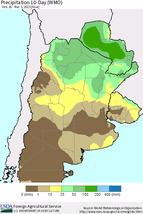 Southern South America Precipitation 10-Day (WMO) Thematic Map For 2/26/2023 - 3/5/2023