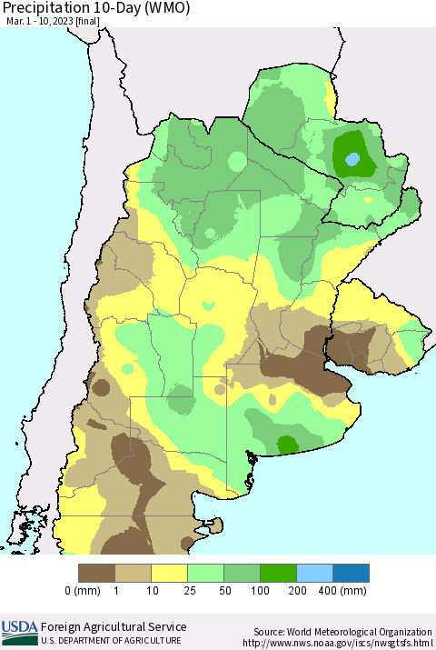 Southern South America Precipitation 10-Day (WMO) Thematic Map For 3/1/2023 - 3/10/2023