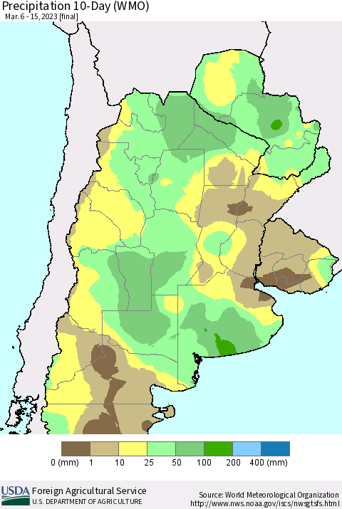 Southern South America Precipitation 10-Day (WMO) Thematic Map For 3/6/2023 - 3/15/2023