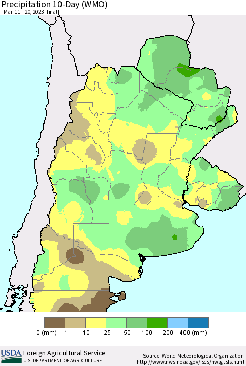 Southern South America Precipitation 10-Day (WMO) Thematic Map For 3/11/2023 - 3/20/2023