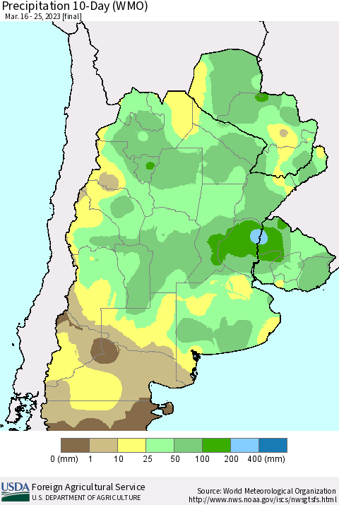 Southern South America Precipitation 10-Day (WMO) Thematic Map For 3/16/2023 - 3/25/2023