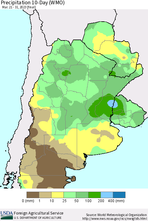 Southern South America Precipitation 10-Day (WMO) Thematic Map For 3/21/2023 - 3/31/2023