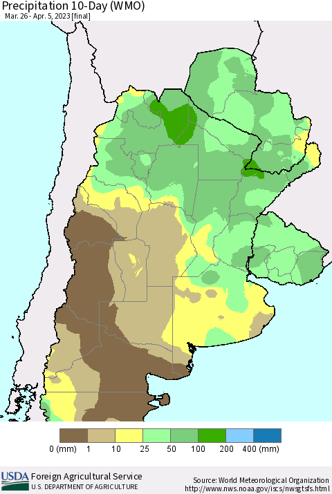 Southern South America Precipitation 10-Day (WMO) Thematic Map For 3/26/2023 - 4/5/2023