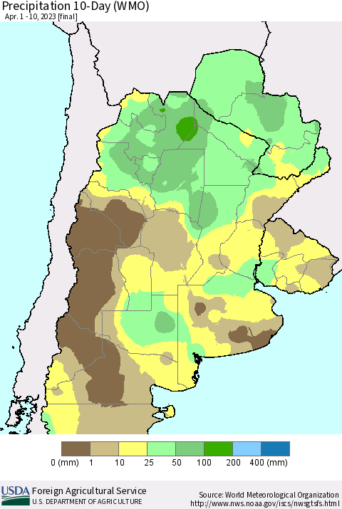 Southern South America Precipitation 10-Day (WMO) Thematic Map For 4/1/2023 - 4/10/2023