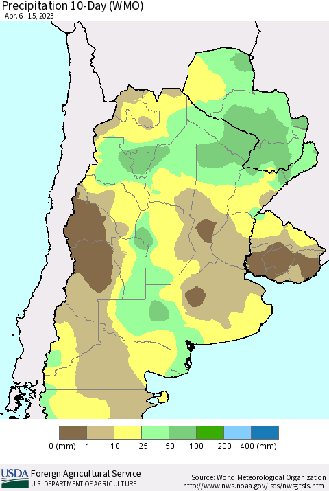 Southern South America Precipitation 10-Day (WMO) Thematic Map For 4/6/2023 - 4/15/2023