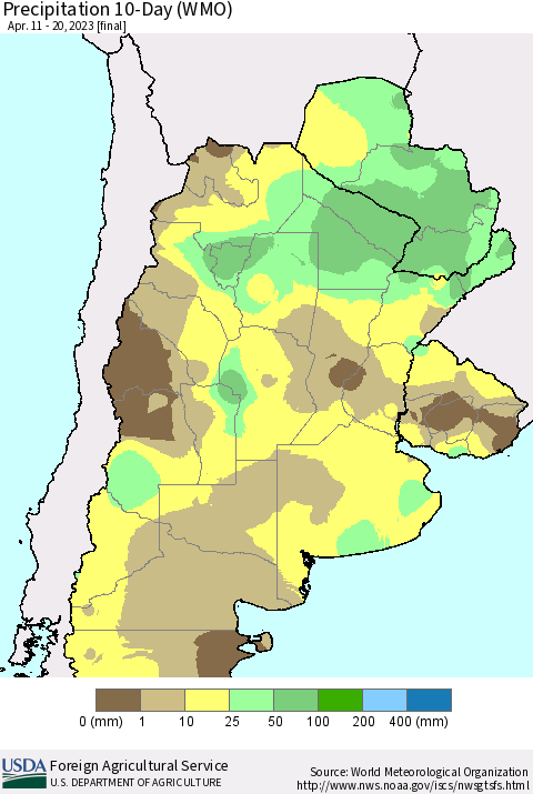 Southern South America Precipitation 10-Day (WMO) Thematic Map For 4/11/2023 - 4/20/2023