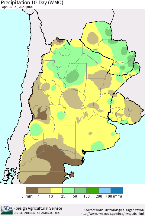 Southern South America Precipitation 10-Day (WMO) Thematic Map For 4/16/2023 - 4/25/2023