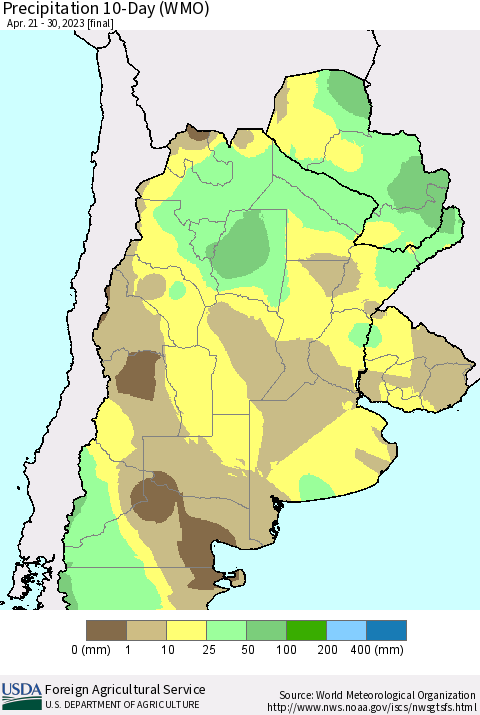Southern South America Precipitation 10-Day (WMO) Thematic Map For 4/21/2023 - 4/30/2023