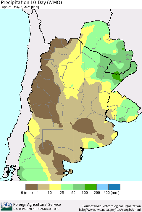 Southern South America Precipitation 10-Day (WMO) Thematic Map For 4/26/2023 - 5/5/2023