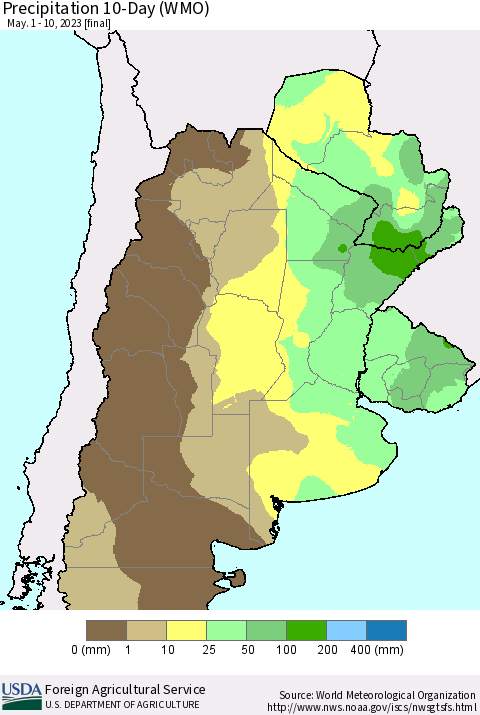 Southern South America Precipitation 10-Day (WMO) Thematic Map For 5/1/2023 - 5/10/2023