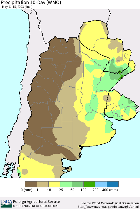 Southern South America Precipitation 10-Day (WMO) Thematic Map For 5/6/2023 - 5/15/2023