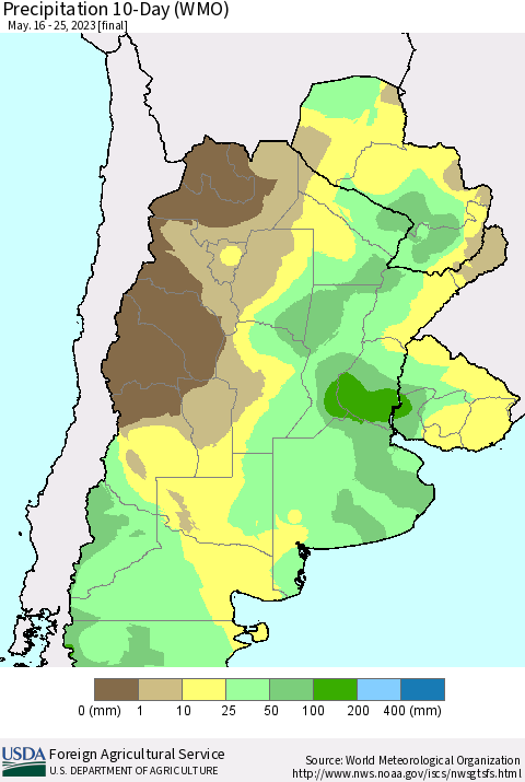 Southern South America Precipitation 10-Day (WMO) Thematic Map For 5/16/2023 - 5/25/2023