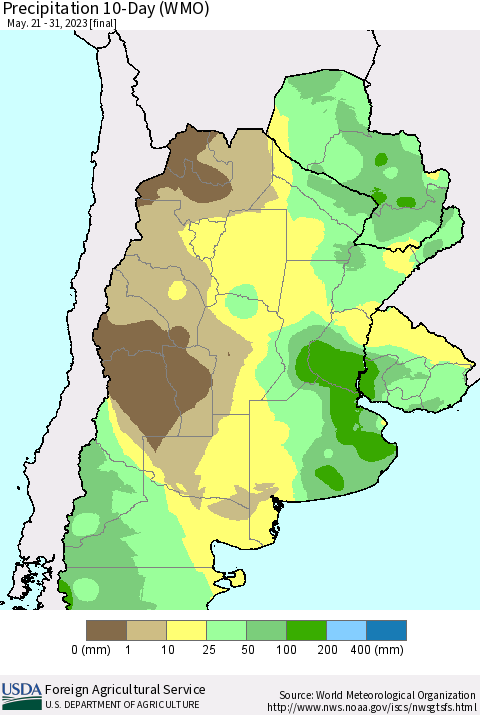 Southern South America Precipitation 10-Day (WMO) Thematic Map For 5/21/2023 - 5/31/2023