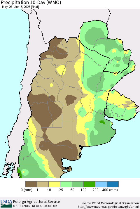 Southern South America Precipitation 10-Day (WMO) Thematic Map For 5/26/2023 - 6/5/2023