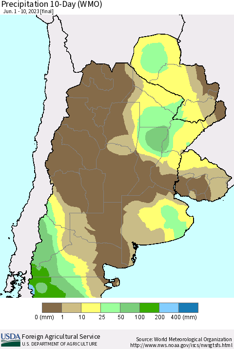 Southern South America Precipitation 10-Day (WMO) Thematic Map For 6/1/2023 - 6/10/2023