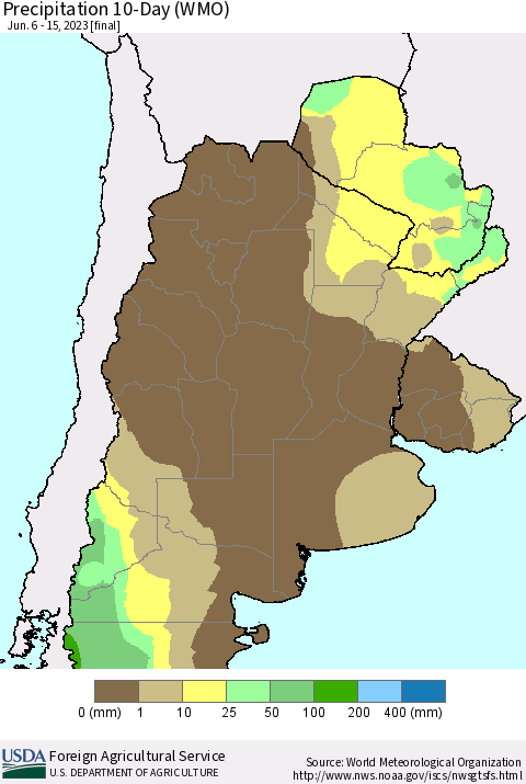 Southern South America Precipitation 10-Day (WMO) Thematic Map For 6/6/2023 - 6/15/2023