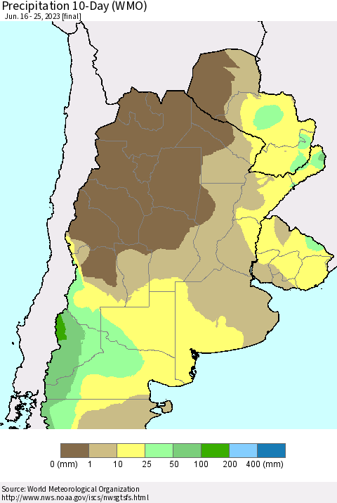 Southern South America Precipitation 10-Day (WMO) Thematic Map For 6/16/2023 - 6/25/2023