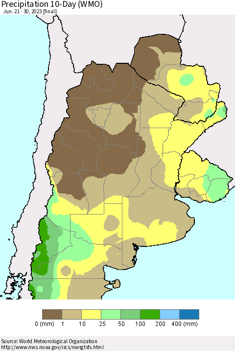 Southern South America Precipitation 10-Day (WMO) Thematic Map For 6/21/2023 - 6/30/2023