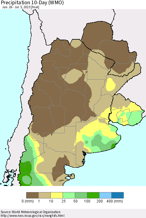 Southern South America Precipitation 10-Day (WMO) Thematic Map For 6/26/2023 - 7/5/2023