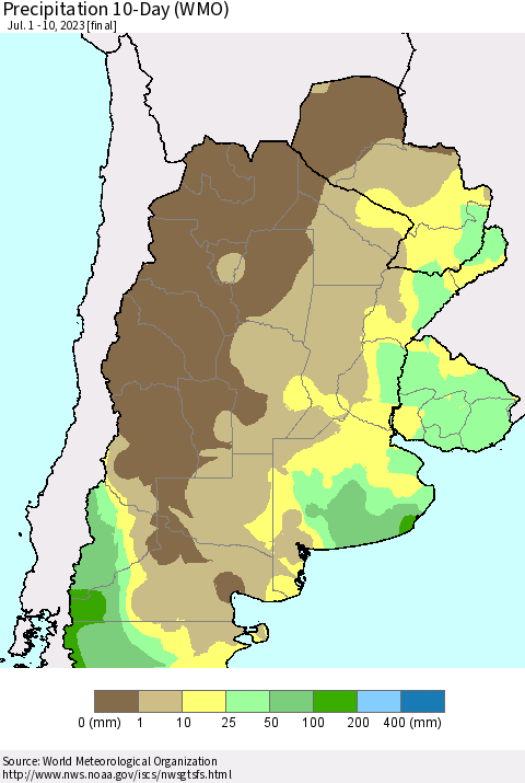 Southern South America Precipitation 10-Day (WMO) Thematic Map For 7/1/2023 - 7/10/2023