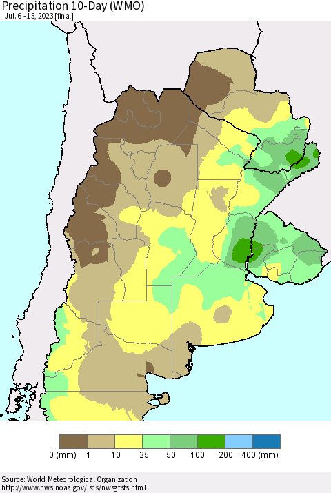 Southern South America Precipitation 10-Day (WMO) Thematic Map For 7/6/2023 - 7/15/2023