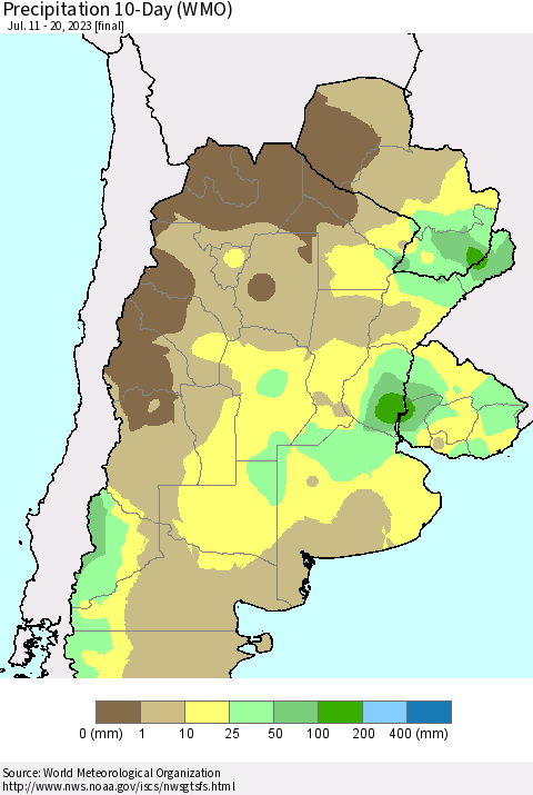 Southern South America Precipitation 10-Day (WMO) Thematic Map For 7/11/2023 - 7/20/2023