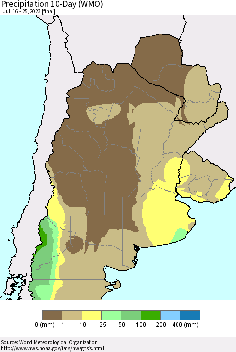 Southern South America Precipitation 10-Day (WMO) Thematic Map For 7/16/2023 - 7/25/2023