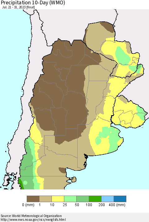 Southern South America Precipitation 10-Day (WMO) Thematic Map For 7/21/2023 - 7/31/2023