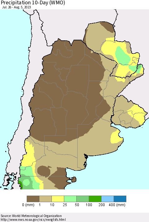Southern South America Precipitation 10-Day (WMO) Thematic Map For 7/26/2023 - 8/5/2023