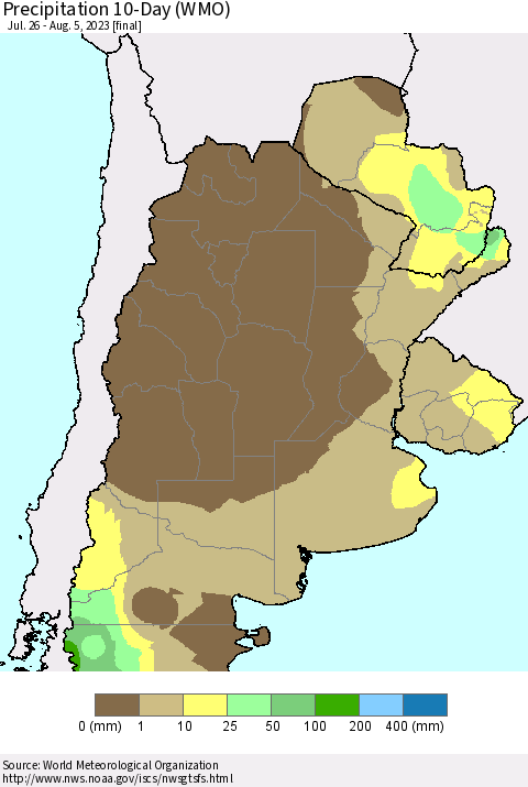 Southern South America Precipitation 10-Day (WMO) Thematic Map For 7/26/2023 - 8/5/2023
