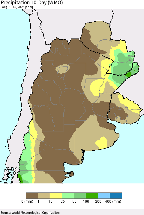 Southern South America Precipitation 10-Day (WMO) Thematic Map For 8/6/2023 - 8/15/2023