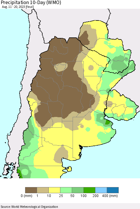 Southern South America Precipitation 10-Day (WMO) Thematic Map For 8/11/2023 - 8/20/2023