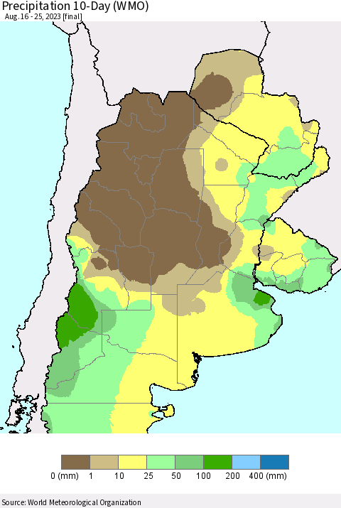 Southern South America Precipitation 10-Day (WMO) Thematic Map For 8/16/2023 - 8/25/2023
