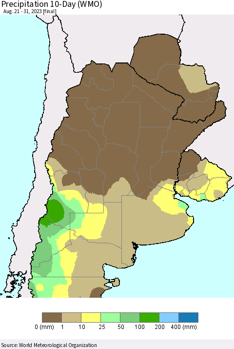Southern South America Precipitation 10-Day (WMO) Thematic Map For 8/21/2023 - 8/31/2023
