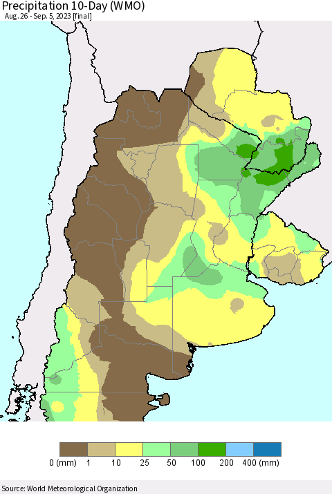 Southern South America Precipitation 10-Day (WMO) Thematic Map For 8/26/2023 - 9/5/2023