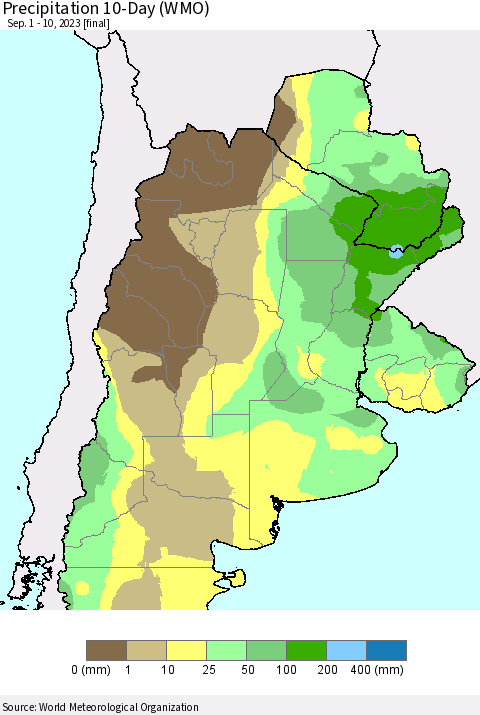 Southern South America Precipitation 10-Day (WMO) Thematic Map For 9/1/2023 - 9/10/2023