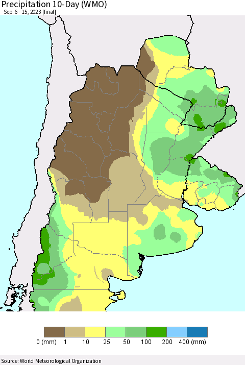 Southern South America Precipitation 10-Day (WMO) Thematic Map For 9/6/2023 - 9/15/2023