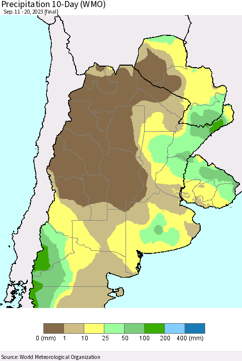 Southern South America Precipitation 10-Day (WMO) Thematic Map For 9/11/2023 - 9/20/2023