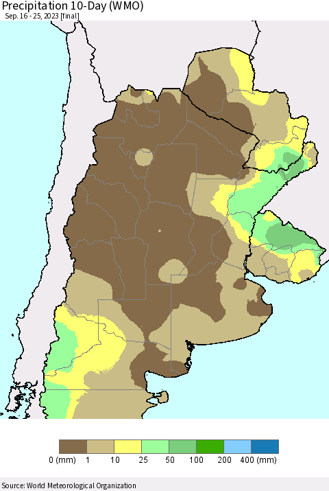 Southern South America Precipitation 10-Day (WMO) Thematic Map For 9/16/2023 - 9/25/2023