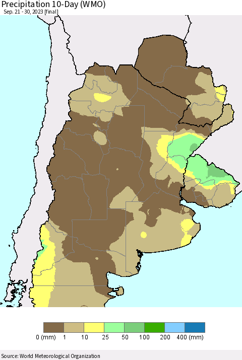 Southern South America Precipitation 10-Day (WMO) Thematic Map For 9/21/2023 - 9/30/2023