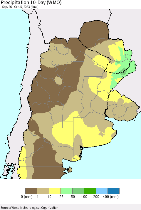 Southern South America Precipitation 10-Day (WMO) Thematic Map For 9/26/2023 - 10/5/2023