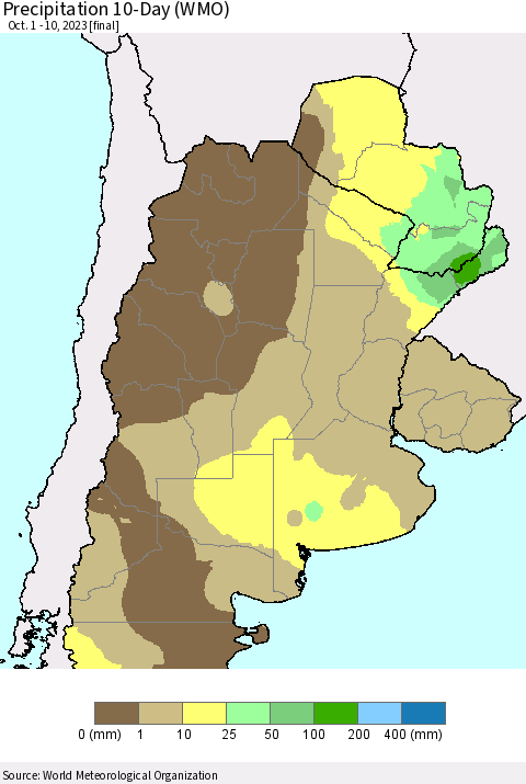Southern South America Precipitation 10-Day (WMO) Thematic Map For 10/1/2023 - 10/10/2023