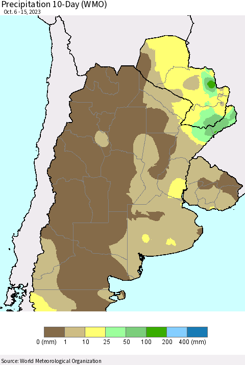 Southern South America Precipitation 10-Day (WMO) Thematic Map For 10/6/2023 - 10/15/2023