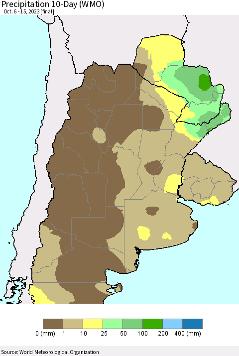Southern South America Precipitation 10-Day (WMO) Thematic Map For 10/6/2023 - 10/15/2023